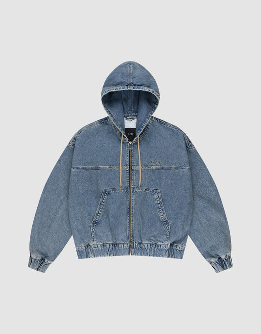 The LIVE FAST DIE YOUNG Denim Hooded Zip is a blue oversized jacket with front zipper, beige drawstrings, and elastic cuffs and hem. Made from 100% Baumwolle for comfort and durability, shown on a plain white background. | plain