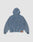 The LIVE FAST DIE YOUNG Denim Hooded Zip is shown from the back, in blue denim with long sleeves, elastic waistband and cuffs, oversize fit, and a brown leather patch on the lower right side.