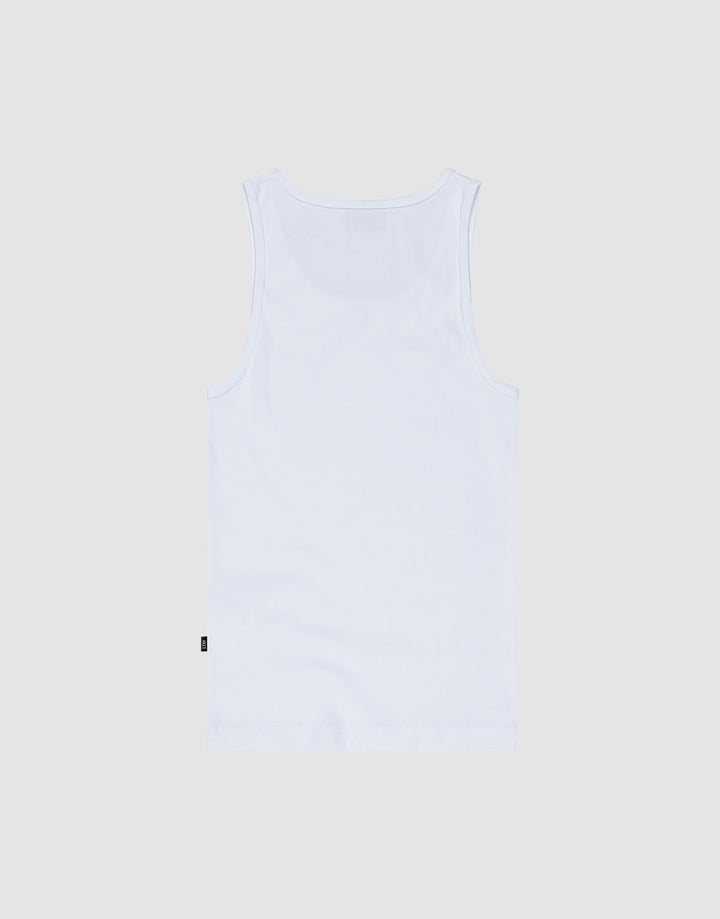 The LIVE FAST DIE YOUNG Blank Rib Tank is a slim fit, plain white sleeveless top made from soft cotton, shown flat on a light gray background and viewed from the back.