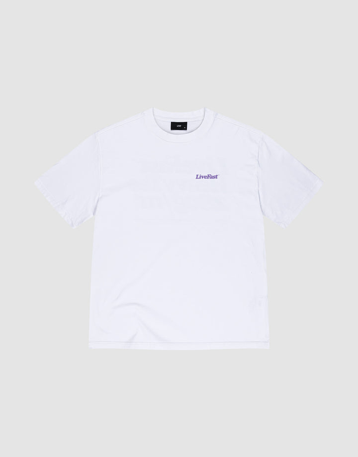 The LIVE FAST DIE YOUNG Basic 280 Tee, an oversize fit white cotton short-sleeve shirt, is laid flat on a light gray background and features a small purple LiveFast logo printed on the left chest.
