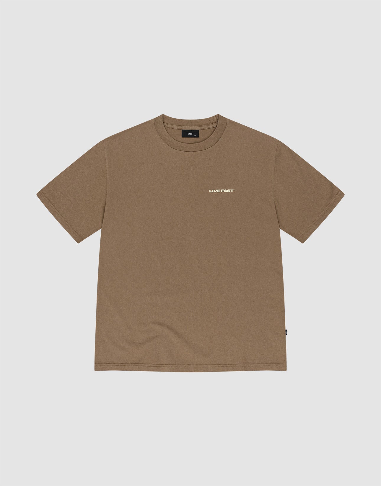 The Live Fast Plain Tee by LIVE FAST DIE YOUNG is a 100% Baumwolle brown short-sleeve shirt featuring a small white LIVE FAST print on the left chest, shown on a light gray background. | plain