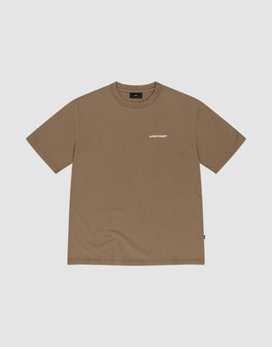 The Live Fast Plain Tee by LIVE FAST DIE YOUNG is a 100% Baumwolle brown short-sleeve shirt featuring a small white LIVE FAST print on the left chest, shown on a light gray background. | plain