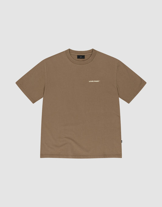 The Live Fast Plain Tee by LIVE FAST DIE YOUNG is a 100% Baumwolle brown short-sleeve shirt featuring a small white LIVE FAST print on the left chest, shown on a light gray background. | plain
