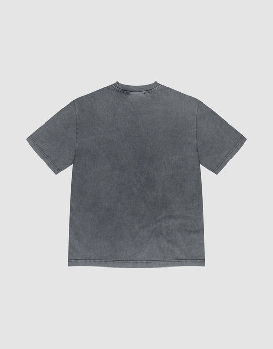 The LIVE FAST DIE YOUNG Live Fast Ice Tee, a plain oversize fit short-sleeve dark gray T-shirt, is displayed flat on a light gray background with visible stitching on the back, sleeves, collar, and hem.