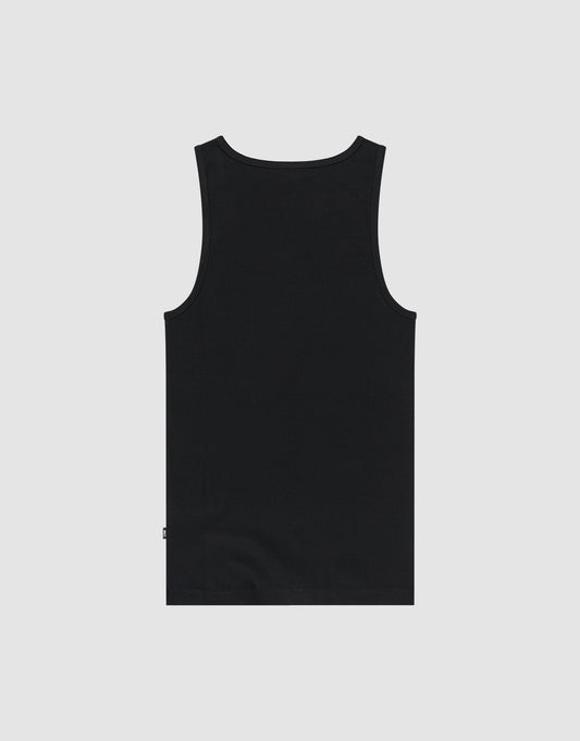 The LIVE FAST DIE YOUNG Blank Rib Tank, a slim-fit sleeveless top in plain black, is displayed flat on a white background with the back view shown. The smooth Baumwolle fabric has no visible patterns or logos.