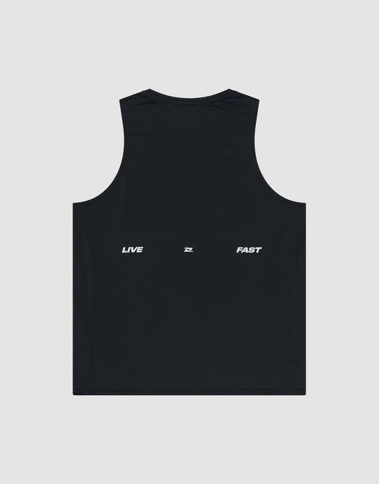 The LIVE FAST DIE YOUNG Live Fast Performance Tank is a black, slim fit sleeveless top with soft fabric and "LIVE" and "FAST" in white capitals, separated by a small symbol, printed on the upper back.
