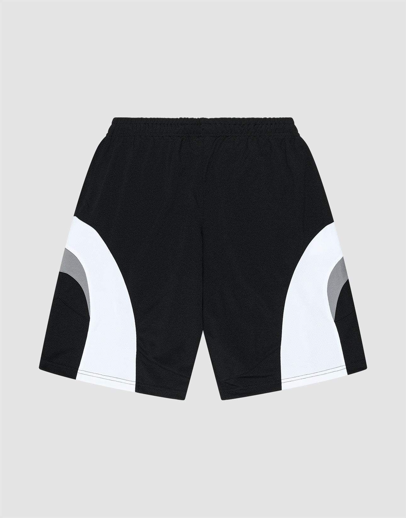 The LIVE FAST DIE YOUNG Basic Trackshorts are black polyester athletic shorts featuring white and gray curved color block designs on both sides, shown flat on a light gray background.