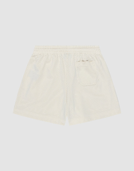 Back view of LIVE FAST DIE YOUNG Basic Mesh Shorts in white polyester mesh with an elastic waistband and a single patch pocket featuring a subtle logo patch, displayed on a plain light background.