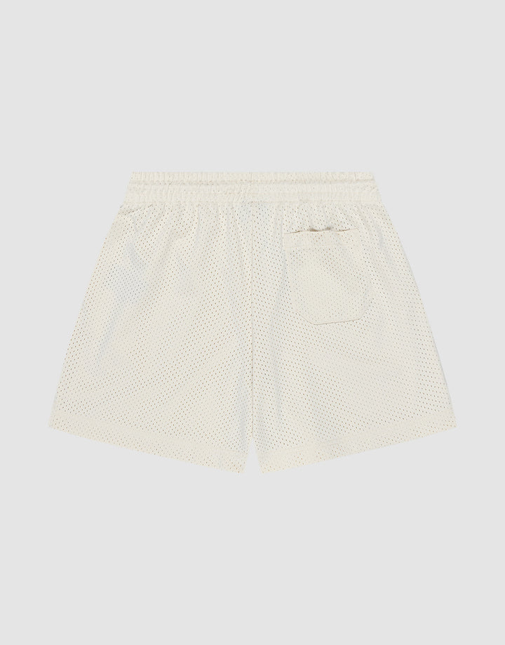 Back view of LIVE FAST DIE YOUNG Basic Mesh Shorts in white polyester mesh with an elastic waistband and a single patch pocket featuring a subtle logo patch, displayed on a plain light background.