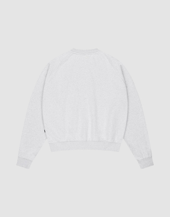 The DY Sweater by LIVE FAST DIE YOUNG is a plain light gray oversized crewneck with raglan sleeves, ribbed cuffs, and waistband, shown laid flat from the back.