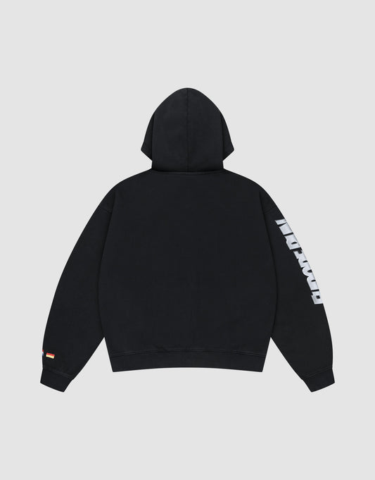The LFDY Team Hooded Zip by LIVE FAST DIE YOUNG is a black oversize fit hoodie, shown from the back, with bold white text on the right sleeve, multilogo Stickereien, and a red and white detail on the left cuff against a plain light gray background.