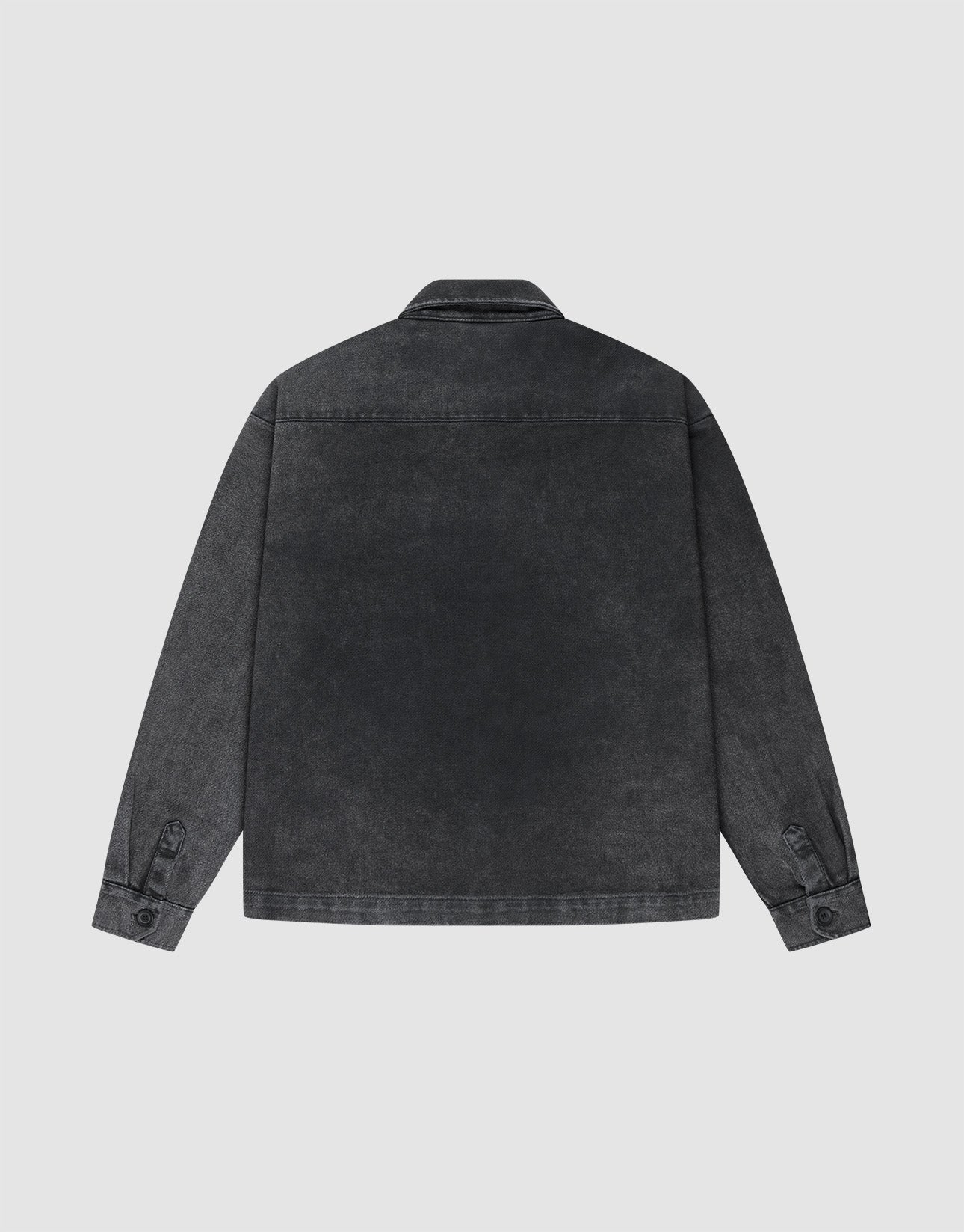 Back view of the LIVE FAST DIE YOUNG Vintage Dyed Flannel in charcoal gray, featuring an oversize fit, long sleeves with button cuffs, collar, and simple stitching. Made from 100% Baumwolle with a subtle vintage finish, shown on a light background.