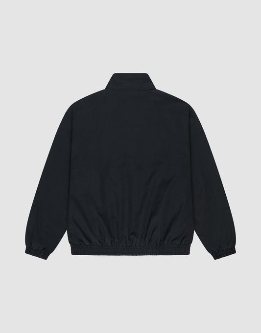 The LFDY Trackjacket by LIVE FAST DIE YOUNG is an oversized black polyester jacket with a stand-up collar, elasticized cuffs, and waistband, shown from the back against a light gray background.