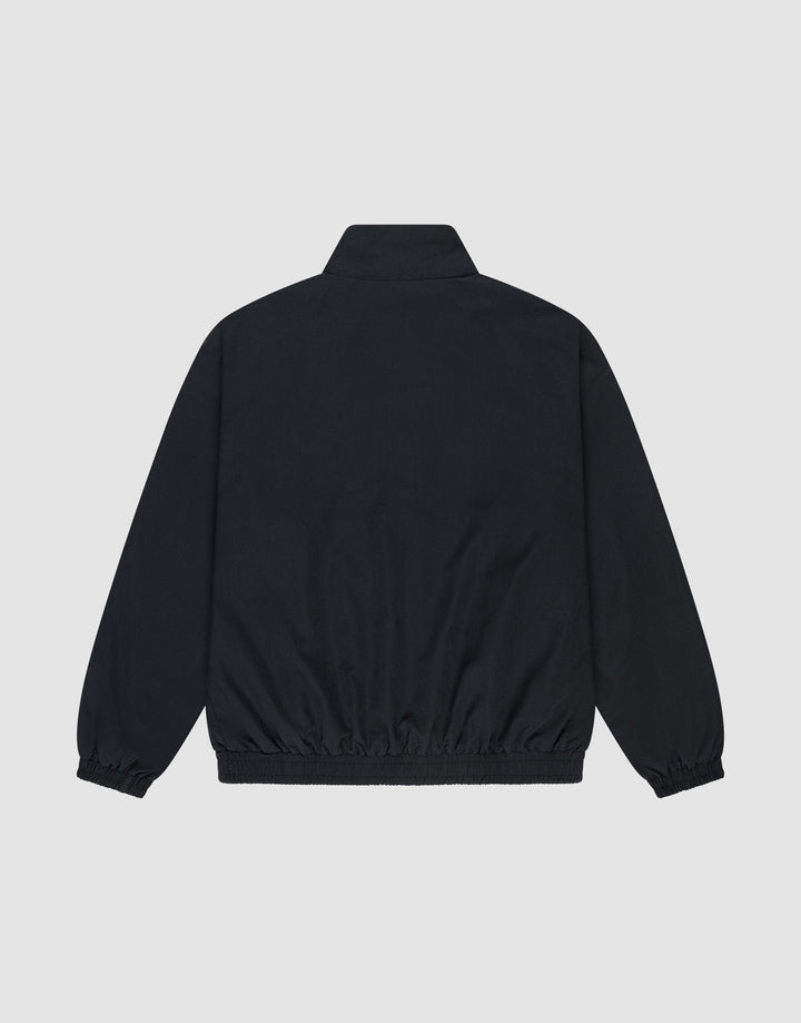 The LFDY Trackjacket by LIVE FAST DIE YOUNG is an oversized black polyester jacket with a stand-up collar, elasticized cuffs, and waistband, shown from the back against a light gray background.