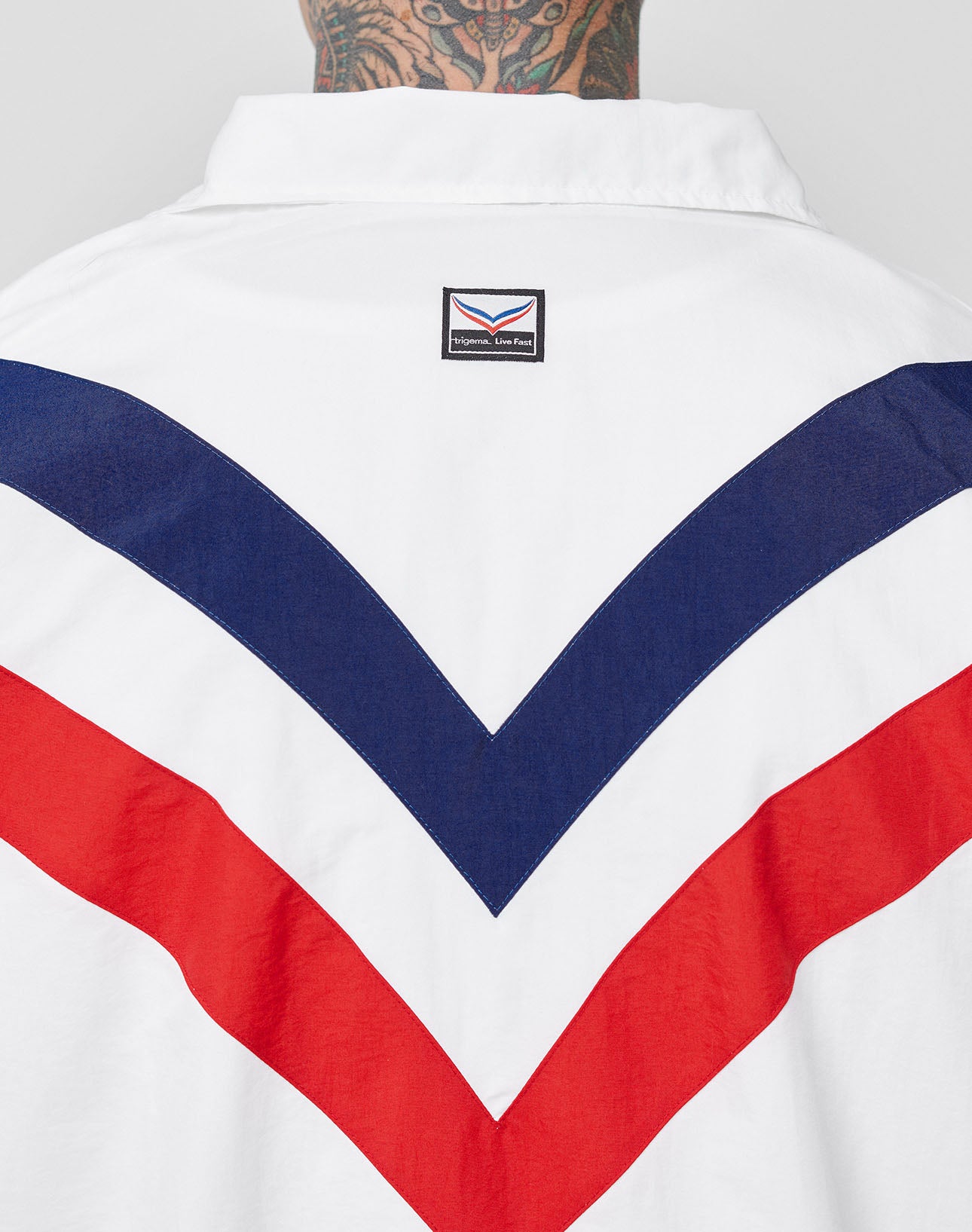 A person wears the LFDY x Trigema Trackjacket by LIVE FAST DIE YOUNG, featuring bold blue and red chevron stripes on the back, stylish raglan sleeves, and a small logo patch near the collar. A neck tattoo is also visible.