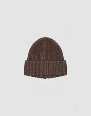 The LIVE FAST DIE YOUNG 2 Tone Rib Knit Beanie in brown Polyacryl has a folded brim and a small black flag label with white text, shown against a plain light grey background.
