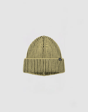 The 2 Tone Rib Knit Beanie by LIVE FAST DIE YOUNG features soft polyacryl ribbed knit, yellow and black vertical stripes, a folded brim, and a small black side tag, shown against a plain white background.