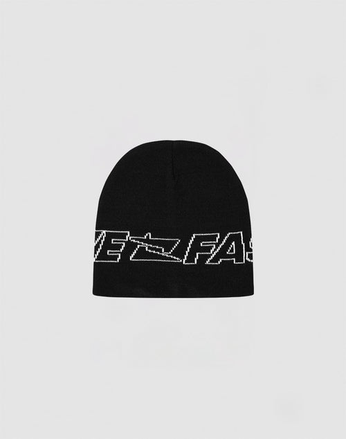 The Live Fast Jacquard Beanie by LIVE FAST DIE YOUNG is a black Polyacryl beanie with white FAST text and a subtle Logo Strick Outline, shown on a plain light gray background. Model: LF2410-16283.