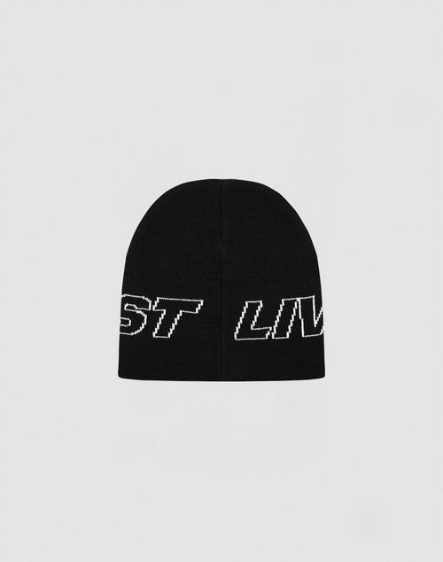 The Live Fast Jacquard Beanie by LIVE FAST DIE YOUNG is a black Polyacryl knit hat with white stitched ST LIV text wrapping around it, style LF2410-16283, displayed on a plain light gray background.