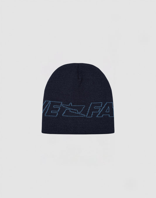 The Live Fast Jacquard Beanie by LIVE FAST DIE YOUNG is a dark blue knit in soft Polyacryl, featuring a light blue large Logo Strick Outline on the front. Model: LF2410-16487. Displayed on a plain light gray background.