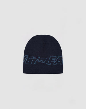 The Live Fast Jacquard Beanie by LIVE FAST DIE YOUNG is a dark blue knit in soft Polyacryl, featuring a light blue large Logo Strick Outline on the front. Model: LF2410-16487. Displayed on a plain light gray background.