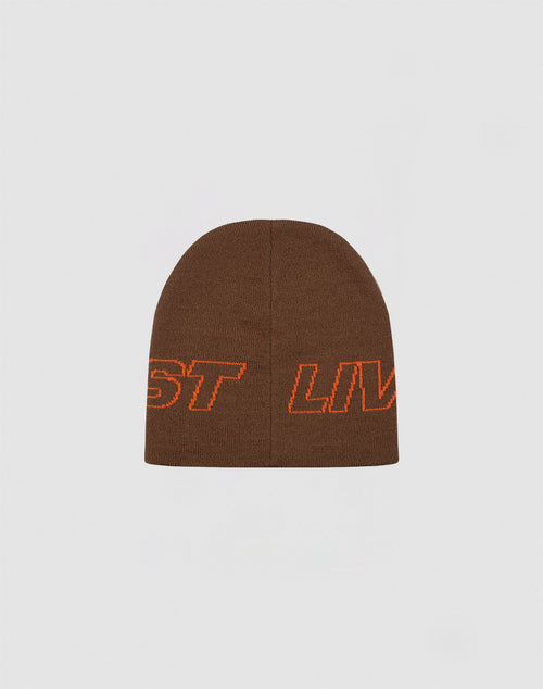 The Live Fast Jacquard Beanie by LIVE FAST DIE YOUNG is a brown 100% Polyacryl knit featuring bold, outlined orange ST LIV lettering in the Logo Strick design. Style code: LF2410-16485.