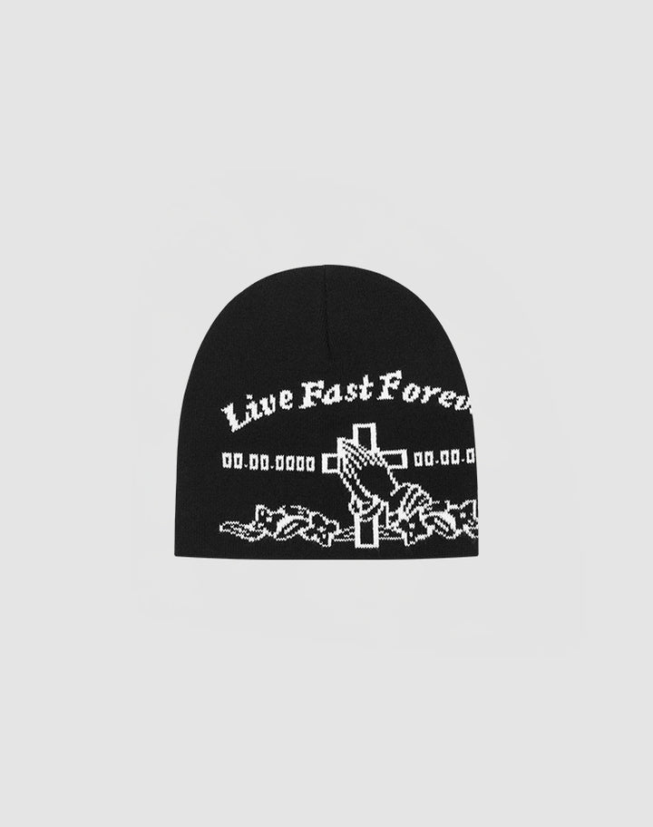 The LFDY Praying Beanie by LIVE FAST DIE YOUNG features Live Fast Forever in white, praying hands with a cross, and barbed wire graphic. Made from soft Polyacryl and available in One Size.
