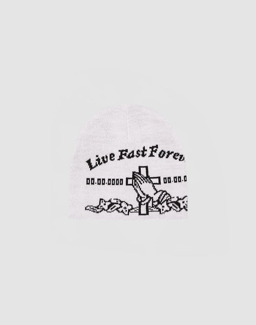 The LFDY Praying Beanie by LIVE FAST DIE YOUNG is a white polyacryl hat with black praying hands, cross, barbed wire designs, and “Live Fast Forever” on the front. Style code: LF2506-17924.