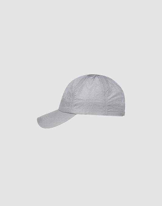 The LFDY Performance Cap by LIVE FAST DIE YOUNG is a light gray, size-adjustable baseball cap made from lightweight nylon with a subtle sheen and a curved brim, shown in side profile on a plain white background.