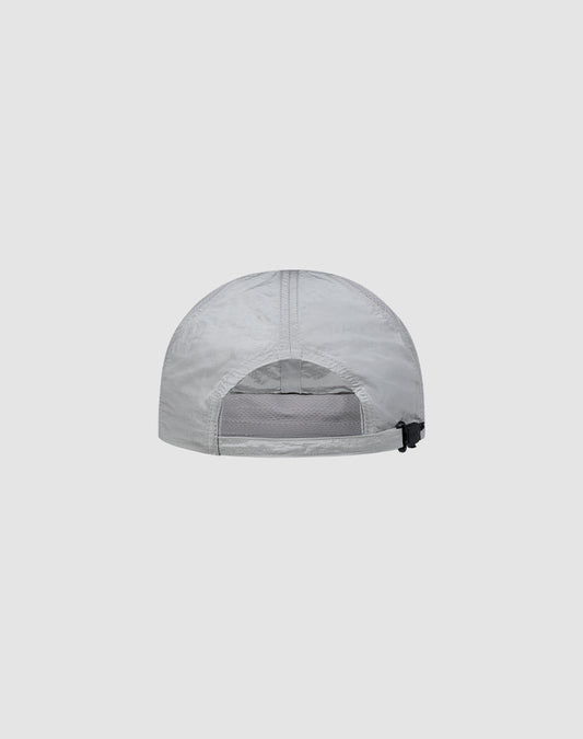 The LFDY Performance Cap by LIVE FAST DIE YOUNG is shown from the back in light gray nylon, with a horizontal mesh panel, adjustable strap and black toggle, subtle logo print, set against a plain light gray background.