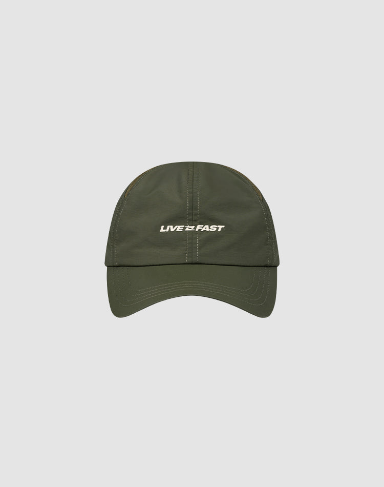 The LFDY Performance Cap by LIVE FAST DIE YOUNG is an olive green nylon cap with white LIVE FAST text on the front, geometric ventilation holes, and adjustable sizing, shown on a light gray background.
