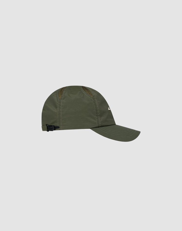 The LFDY Performance Cap by LIVE FAST DIE YOUNG is an olive green nylon cap with geometric air holes, a short curved brim, and an adjustable black buckle strap, shown on a light gray background.