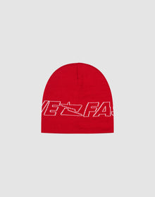 The Live Fast Jacquard Beanie by LIVE FAST DIE YOUNG is a red knit Polyacryl beanie with a white abstract logo and text design, partially reading VE FAS, shown on a light gray background.