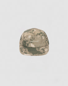 The LIVE FAST DIE YOUNG Live Fast 5 Panel Cap, made from durable nylon in a camouflage pattern, features LIVE FAST embroidered in white on the front and is shown on a plain light gray background.