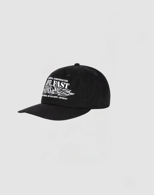 The Live Fast Corporation Cap by LIVE FAST DIE YOUNG is a black, 100% cotton unstructured 5-panel hat with bold white text and Multi-Logo designs on the front, shown against a plain light gray background.
