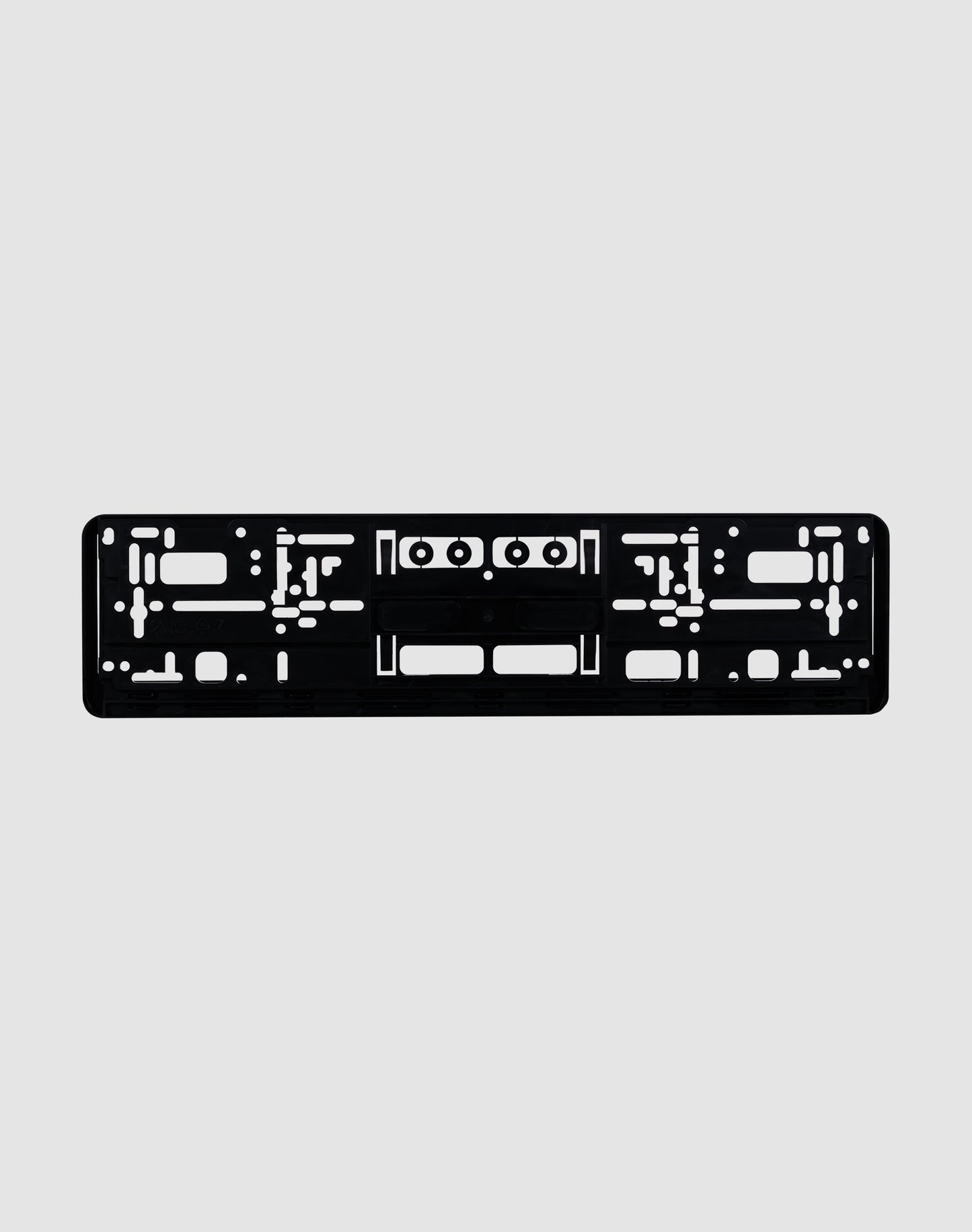 The LFDY License Plate Holder (2 Pack) by LIVE FAST DIE YOUNG is a black plastic holder with multiple mounting slots and holes, designed for Euro plates, shown on a plain light gray background.