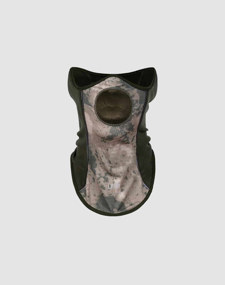 The LFDY Running Mask by LIVE FAST DIE YOUNG, crafted from 100% Polyester, features a camouflage pattern, a circular mesh back opening, and a reflective logo print near the bottom, displayed against a plain gray background.