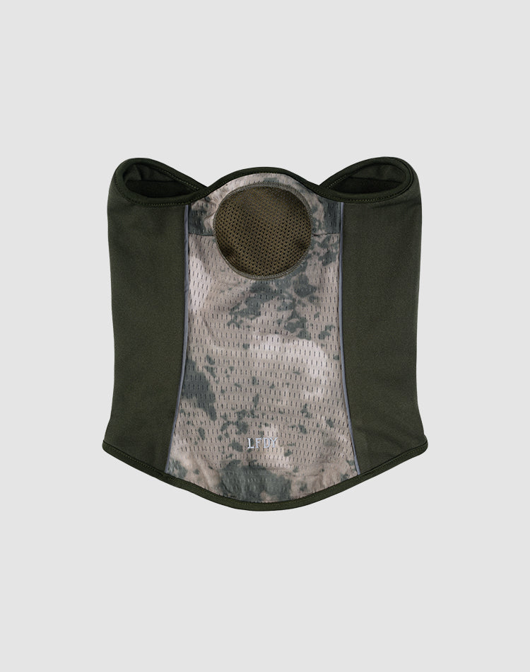 The LFDY Running Mask by LIVE FAST DIE YOUNG is made from 100% polyester with a camouflage pattern, dark green sides, mesh chest fabric, a central circular opening, and reflective piping. Displayed on a light gray background.