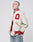A person with a shaved head and neck tattoos wears the cream and red LFDY OC College Jacket with welt pockets and a large O patch on the chest, paired with light blue jeans, posing against a plain light background.
