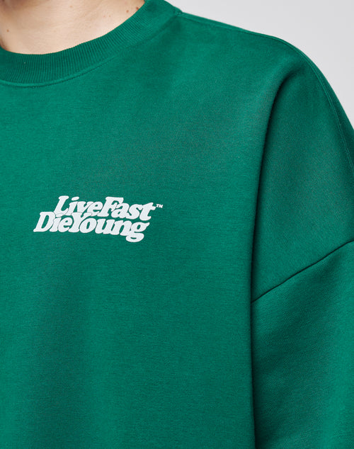 Person wearing a green Basic Chest Sweater from LIVE FAST DIE YOUNG, featuring a bold chest print, against a plain background.