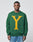 A man in a green LIVE FAST DIE YOUNG Y Knit Sweater featuring a bold yellow Intarsia-Logo letter Y on the front stands facing the camera with a neutral expression against a plain light gray background.