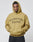 A young man stands with hands in the pocket, wearing the New World Hooded by LIVE FAST DIE YOUNG—a tan oversized hoodie in a soft polyester-cotton blend with “New World Order Live Fast” in black gothic lettering, against a plain light background.