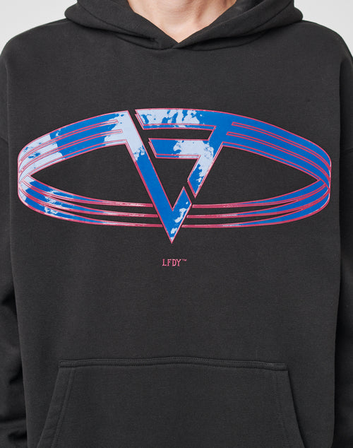 Someone wears the LF Circle Hooded by LIVE FAST DIE YOUNG, an oversize-fit black hoodie with a bold blue and pink geometric logo and LFDY™ printed below. Made from premium cotton for lasting comfort.