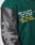 A close-up of the Life College Jacket by LIVE FAST DIE YOUNG, featuring green and black colors, a Frottee-Patch with Life may actually flash before your eyes on death, and Lederärmel sleeves with bold white abstract design.
