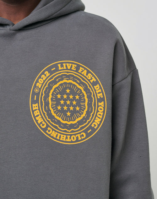 A close-up of the gray LFDY Department Hooded by LIVE FAST DIE YOUNG features a yellow front print with “LIVE FAST DIE YOUNG CLOTHING GMBH ©2022,” stars, and wavy lines for a cool vintage effect.
