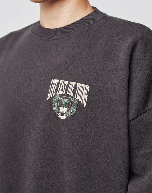 Wearing the LIVE FAST DIE YOUNG Live Fast Die Young Chest Sweater, featuring a bold chest print above a bull’s head and laurel wreath graphic with vintage effect; the person’s face is partially out of frame.