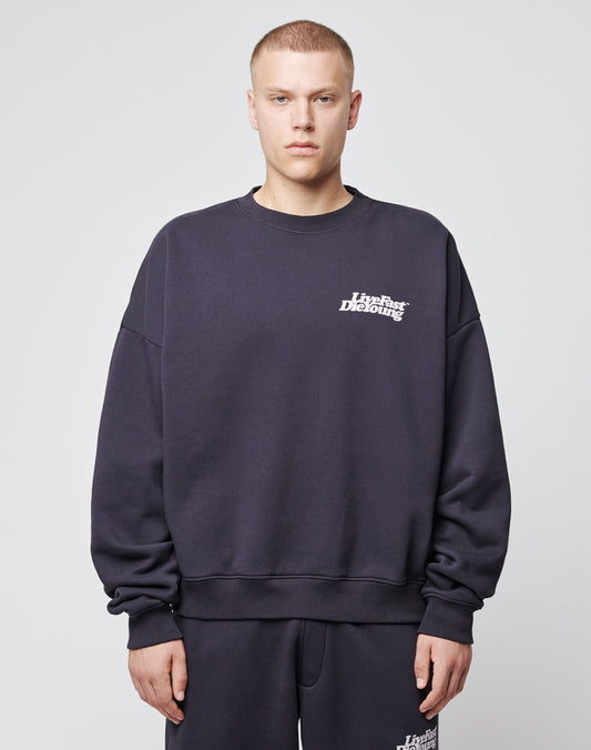 A person with short hair wears a loose-fitting Basic Chest Sweater by LIVE FAST DIE YOUNG and matching pants. The sweater features a small white chestprint logo on the left side. The background is plain and light-colored. | model