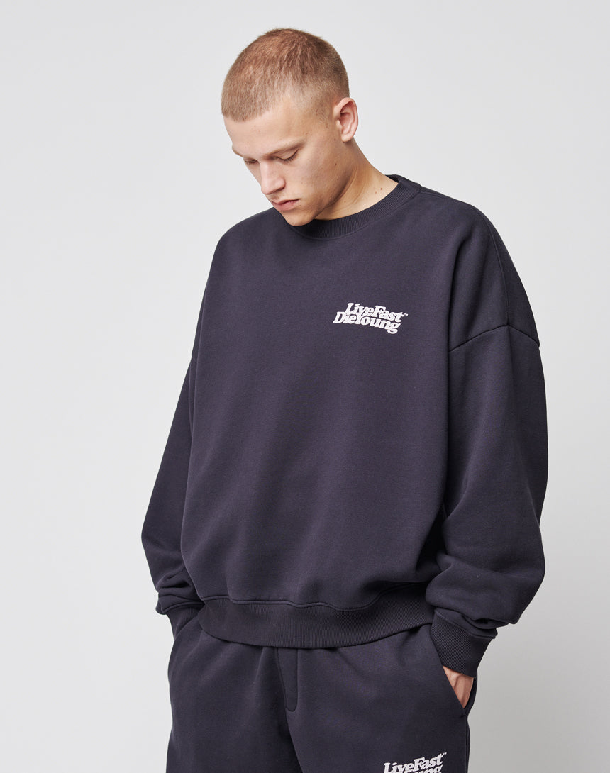 A person with short hair wears a loose, dark Basic Chest Sweater by LIVE FAST DIE YOUNG in soft cotton and matching sweatpants, featuring a bold chestprint, standing against a light background and looking downward.