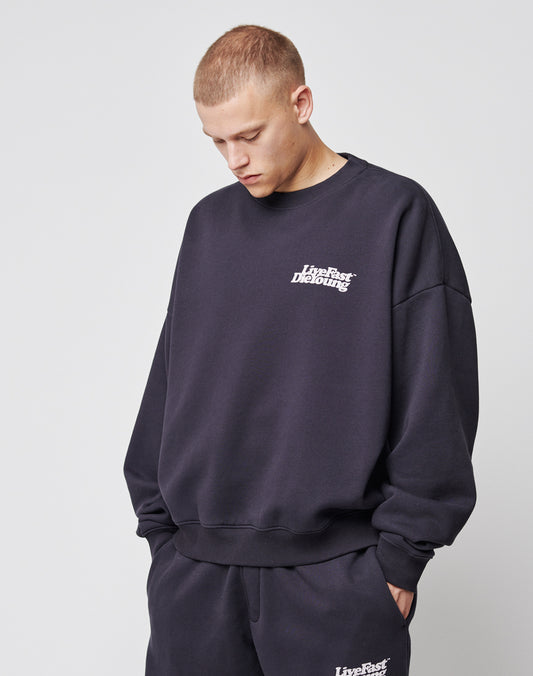 A person with short hair wears a loose, dark Basic Chest Sweater by LIVE FAST DIE YOUNG in soft cotton and matching sweatpants, featuring a bold chestprint, standing against a light background and looking downward.