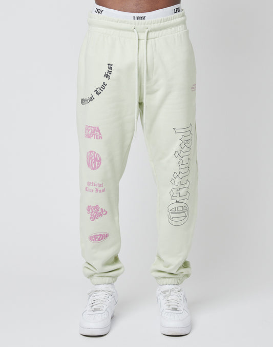 A person wears light green LFDY Official Jogger Regular Fit sweatpants (100% Baumwolle) with black and pink front and back prints, paired with white sneakers, standing against a plain background.